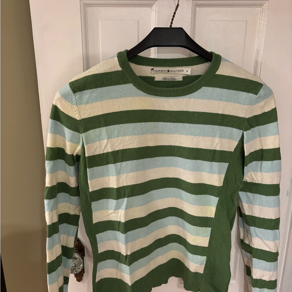 Tommy Hilfiger Men's Sweater in Green and Cream Stripes